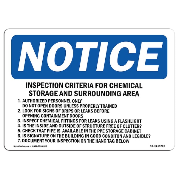 Safety Sign, OSHA Notice, 12" Height, Inspection Criteria For Chemical Storage Sign, Landscape
